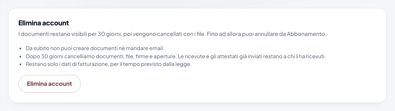 Il riquadro Elimina account nella scheda Account delle impostazioni