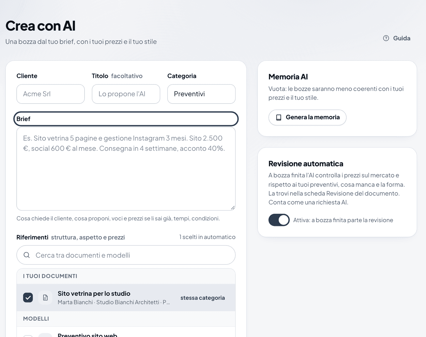 La pagina Crea con AI con i campi Cliente, Titolo, Categoria e Brief