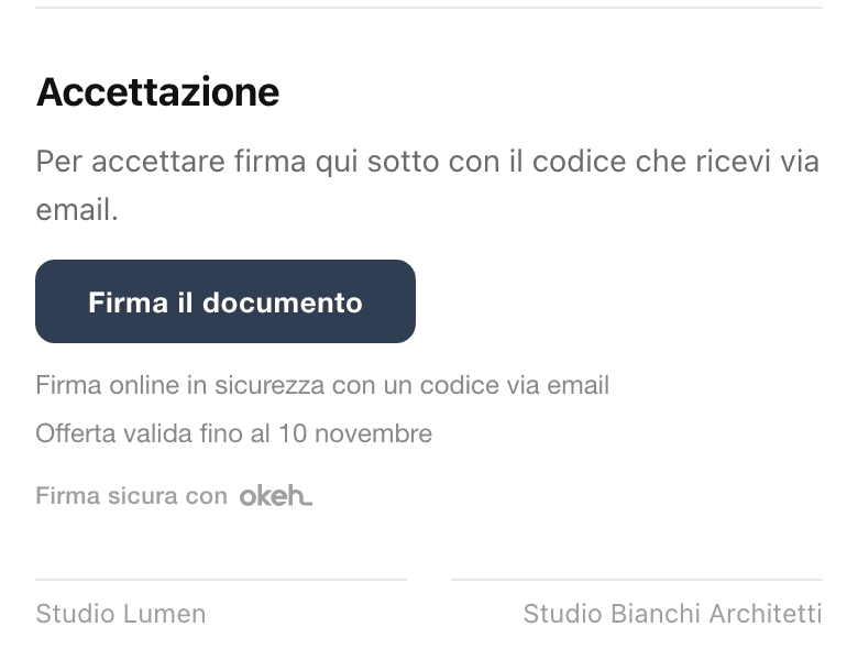 Il pulsante Firma il documento con la riga Offerta valida fino al 10 novembre