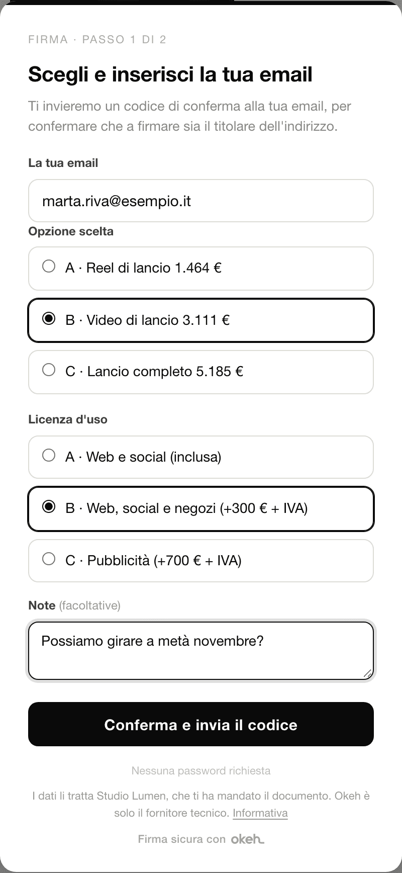 La finestra di firma: email e domande a scelta