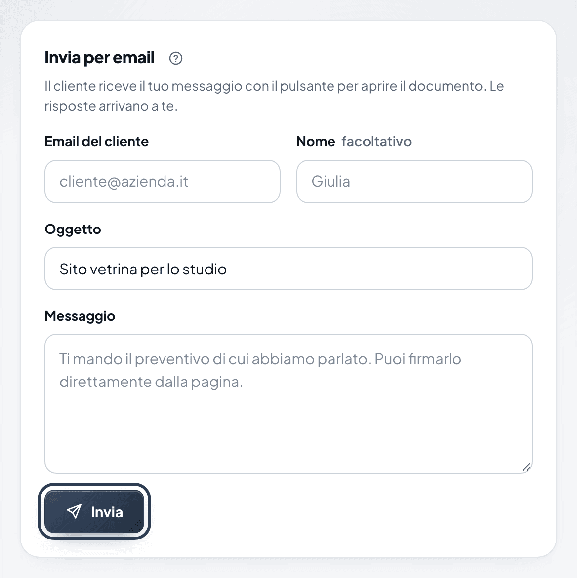 Il riquadro Invia per email con i campi Email del cliente, Nome, Oggetto e Messaggio