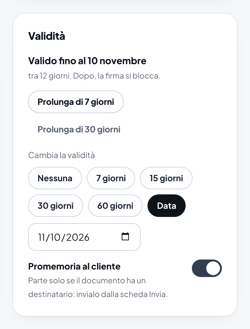 Il riquadro Validità di un documento, valido fino al 10 novembre, con il promemoria attivo