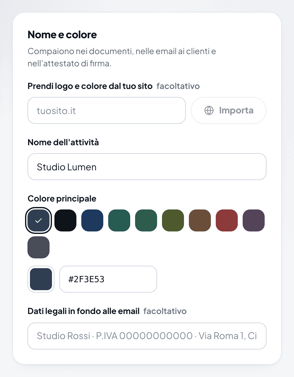Il riquadro Nome e colore nella scheda Marchio delle impostazioni