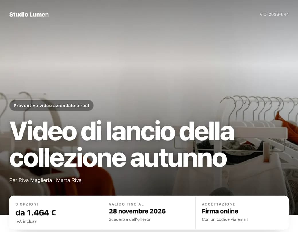Un preventivo fatto con il modello per videomaker: Video di lancio della collezione autunno, con tre opzioni a scelta