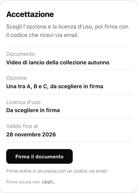 Il riquadro di firma in fondo al preventivo: opzione e licenza d'uso da scegliere, poi Firma il documento
